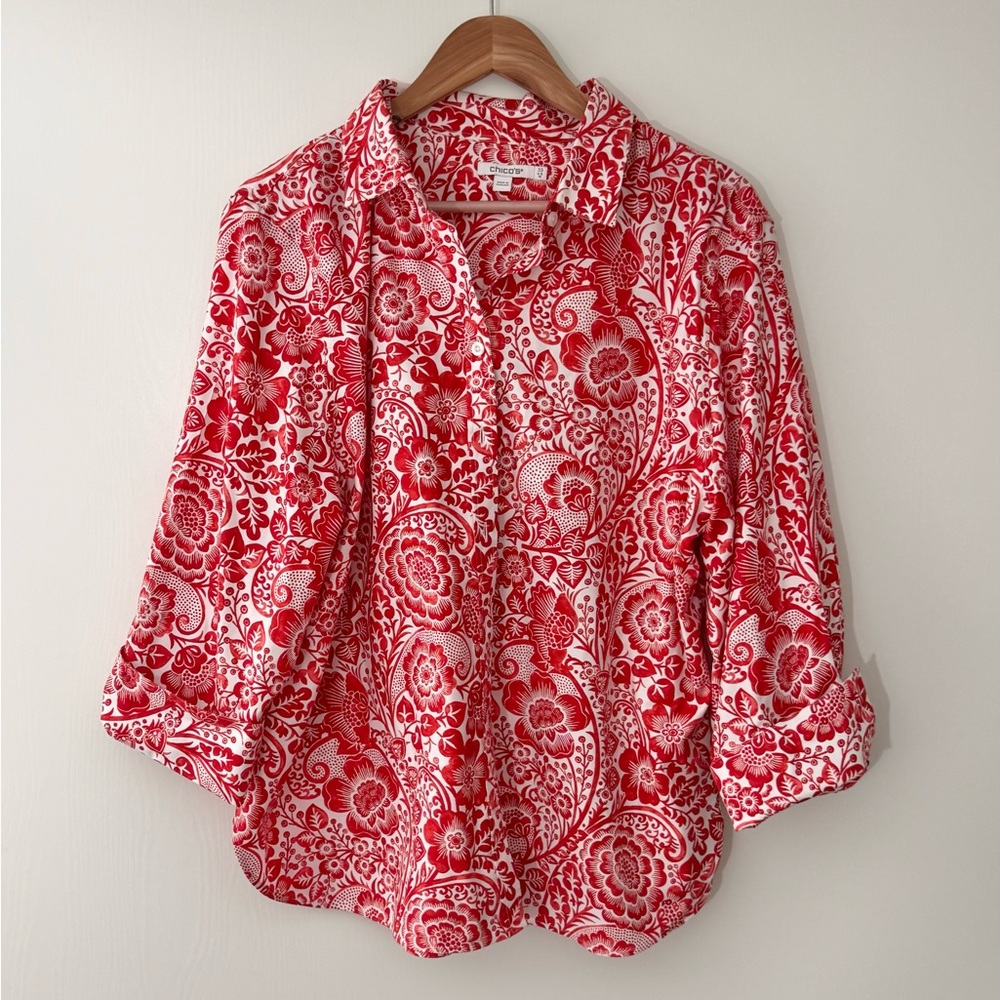Chico's Red & White Floral Print Button-Down Shirt - Picture 5 of 6
